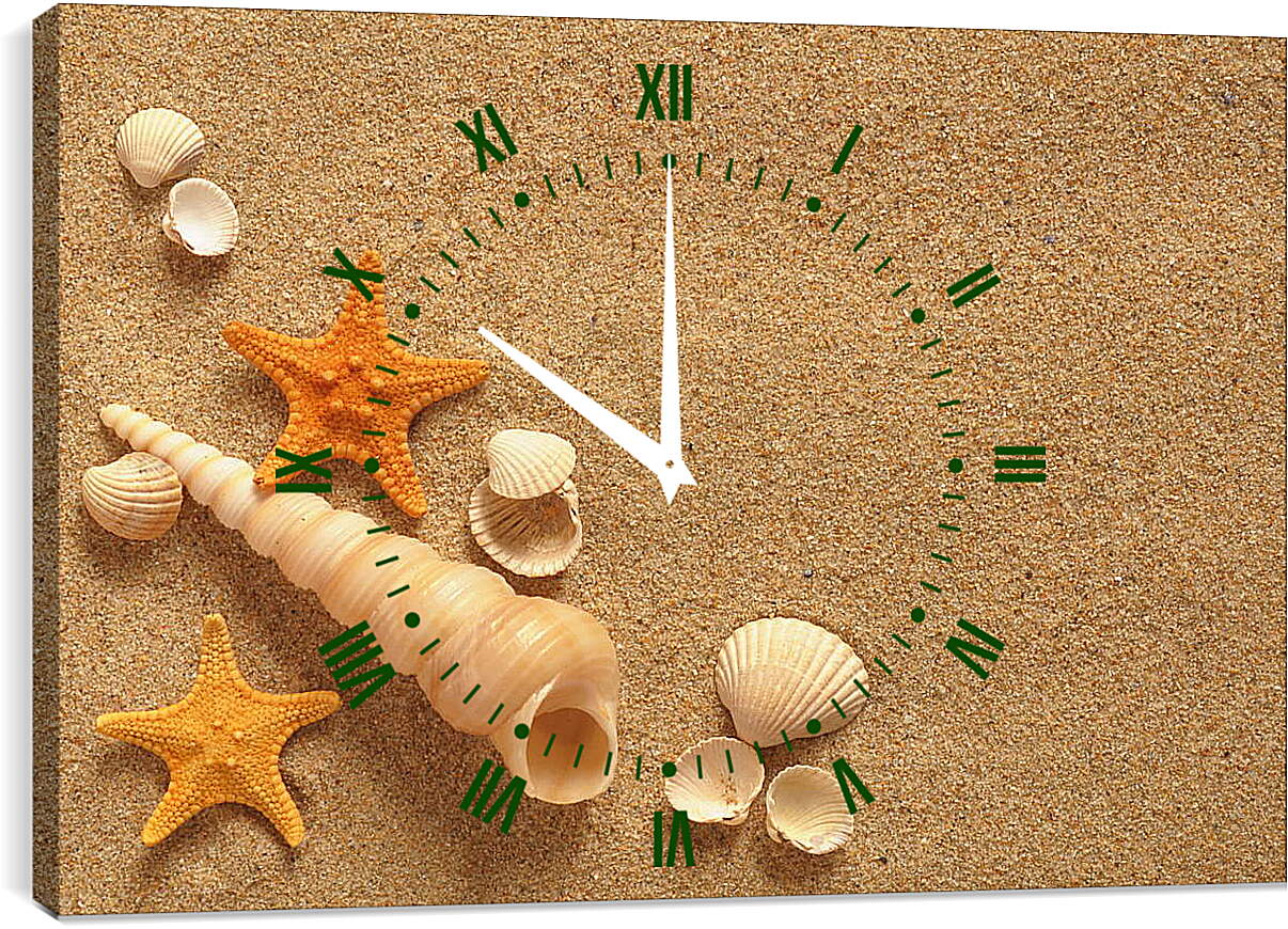 Часы картина - Ракушки и звезды на песке
