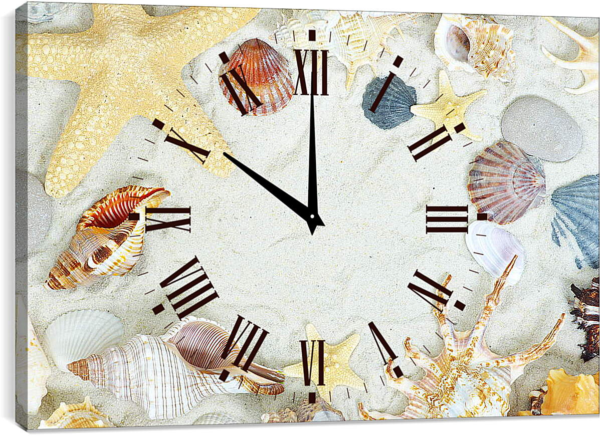 Часы картина - Много ракушек на песке
