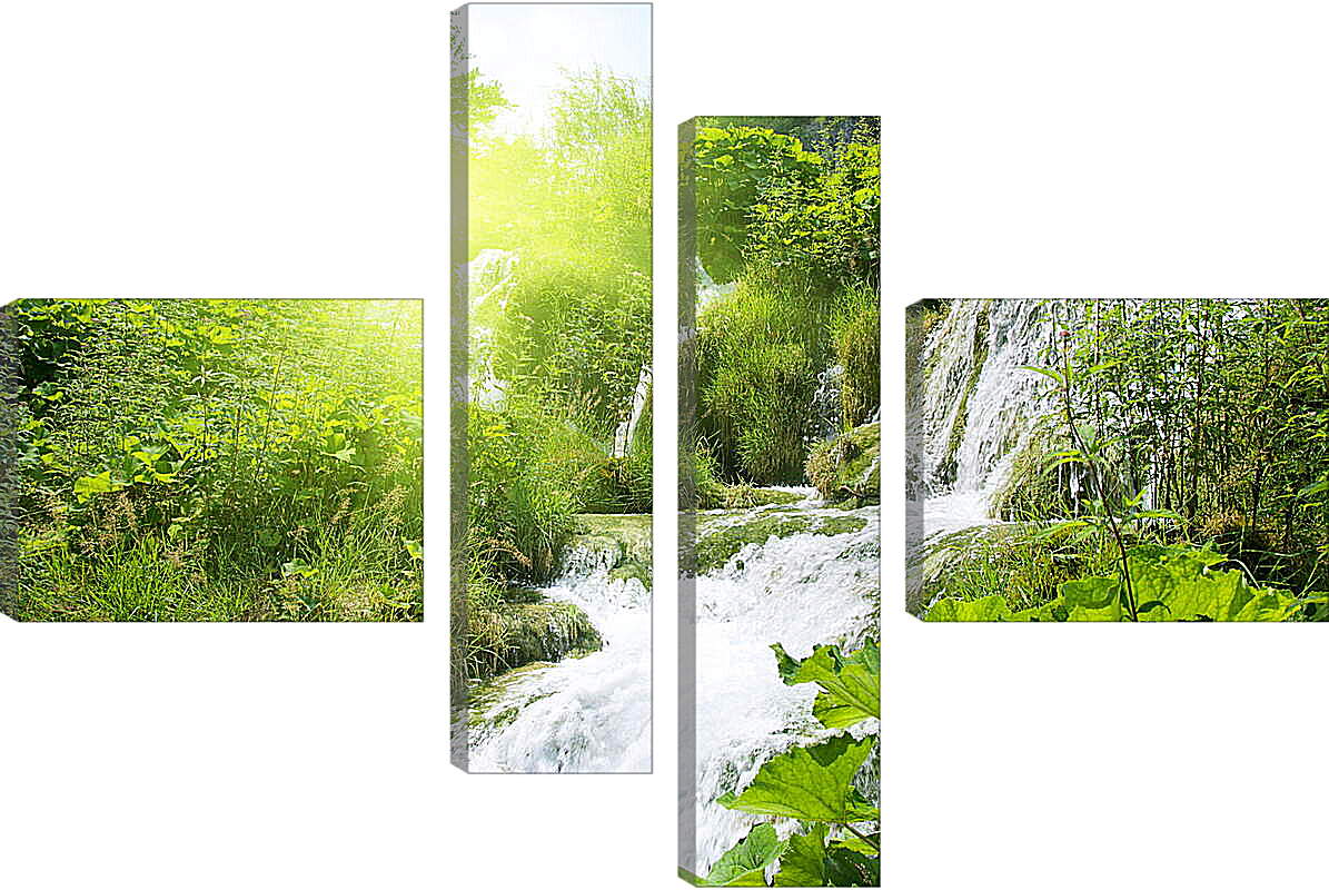 Модульная картина - Водопад в лесу под солнцем
