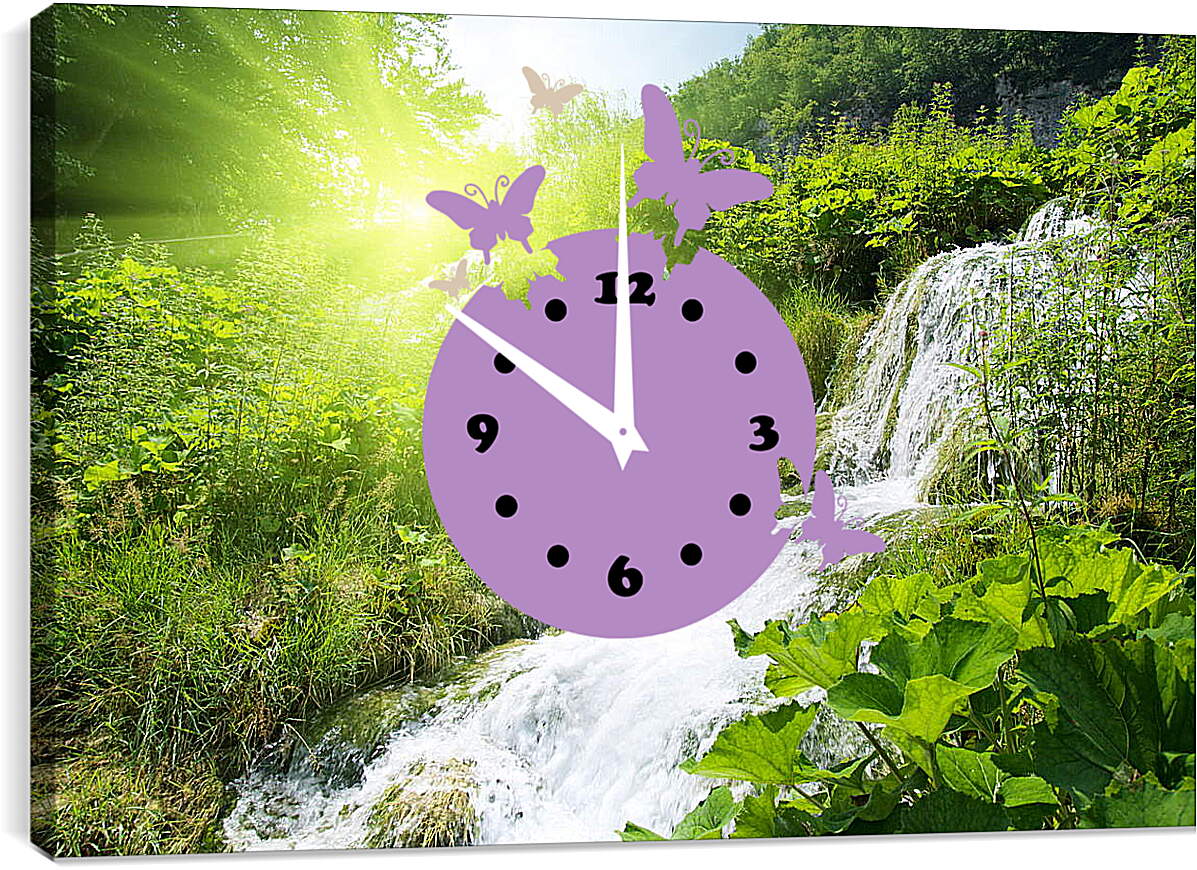 Часы картина - Водопад в лесу под солнцем

