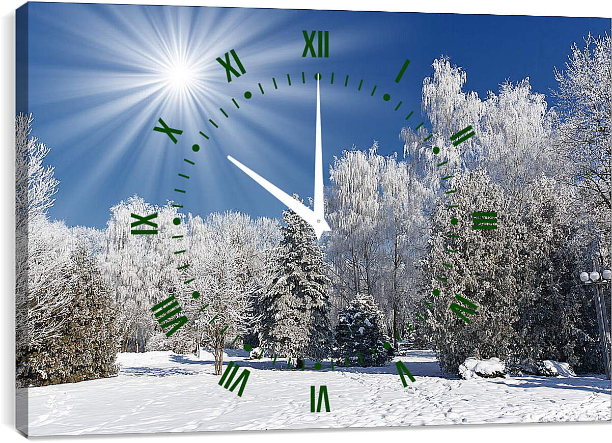 Часы картина - Красивые деревья в снегу
