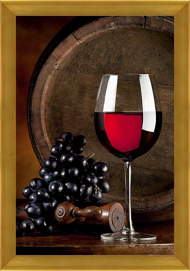 Картина в раме - Виноград и бокал вина