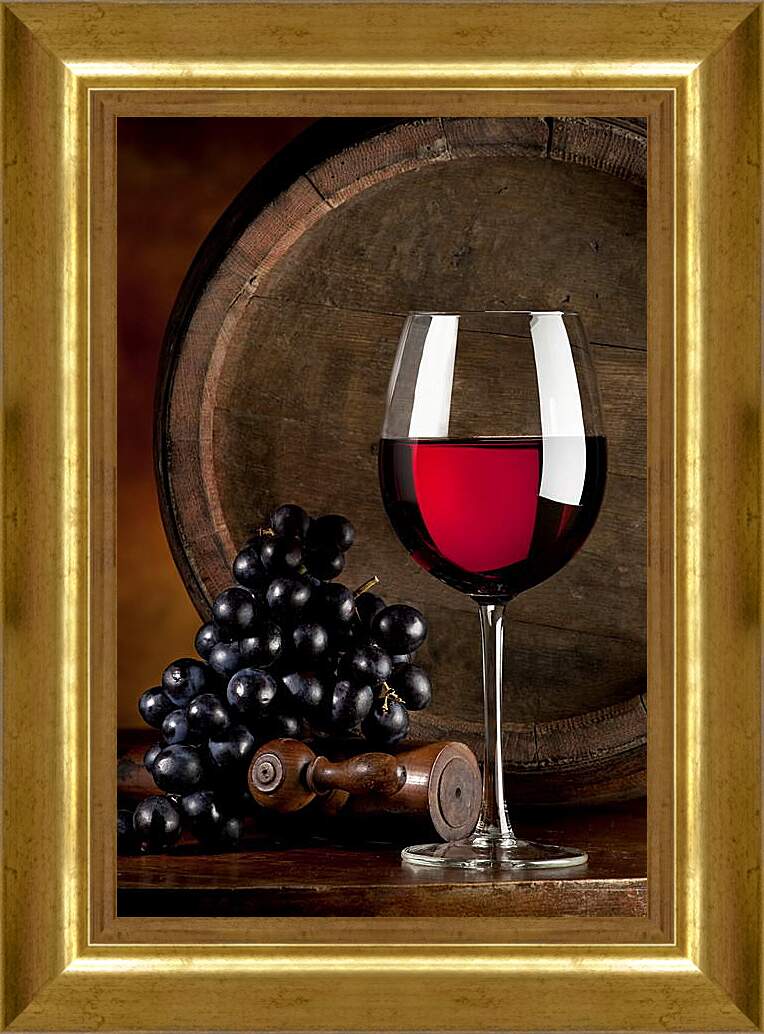 Картина в раме - Виноград и бокал вина