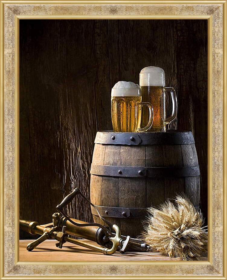 Картина в раме - Кружки пива на бочке