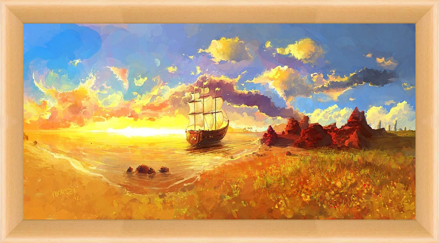 Картина в раме - Корабль уплывает в закат