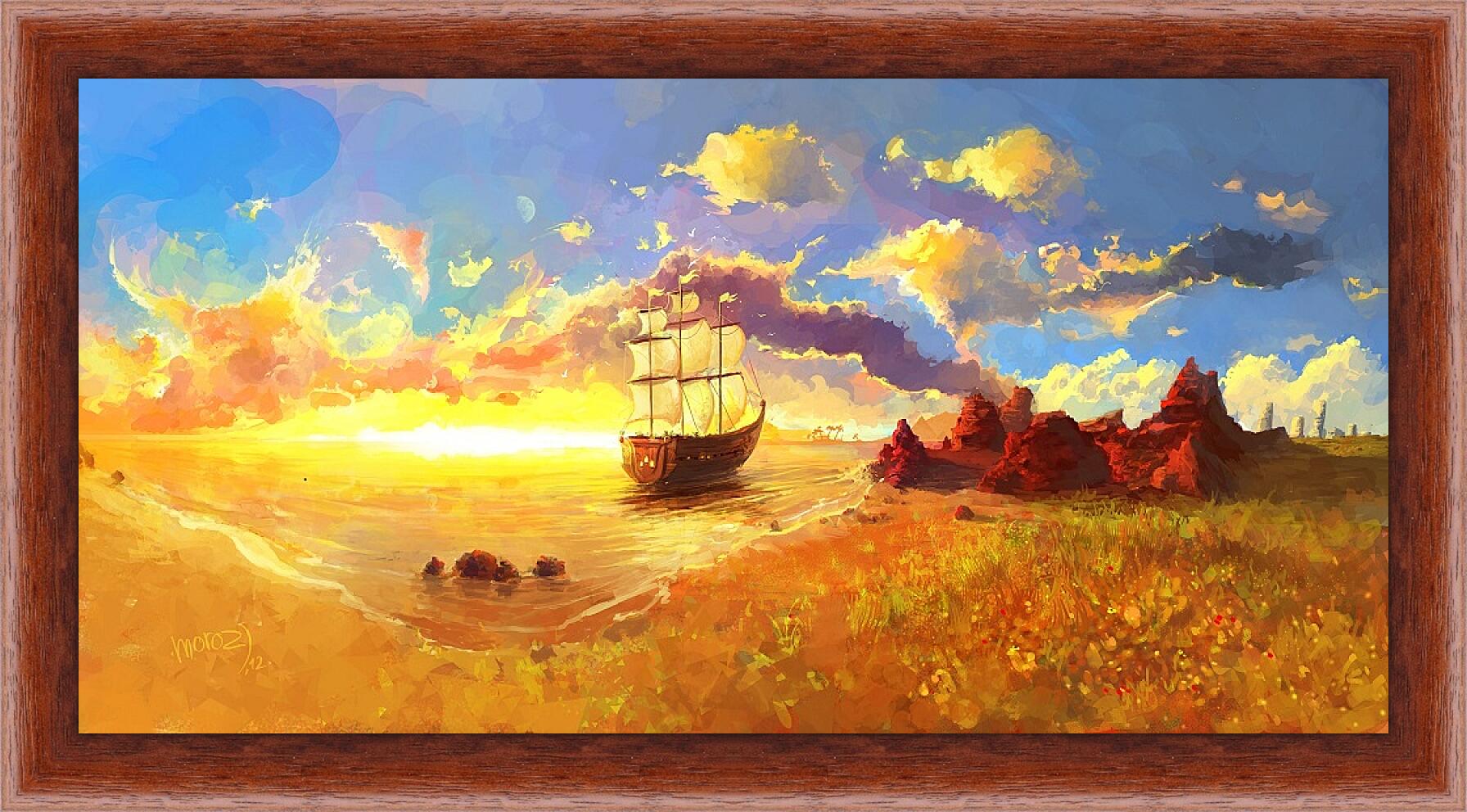 Картина в раме - Корабль уплывает в закат