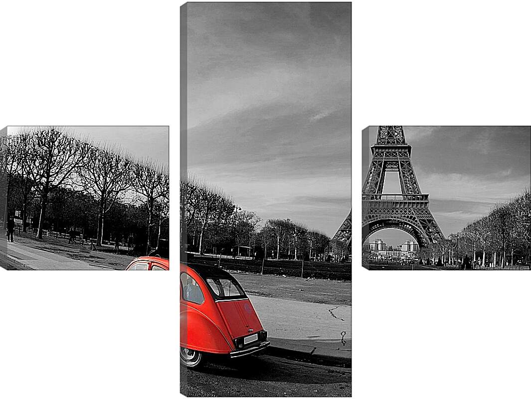 Модульная картина - Париж. Красное авто.