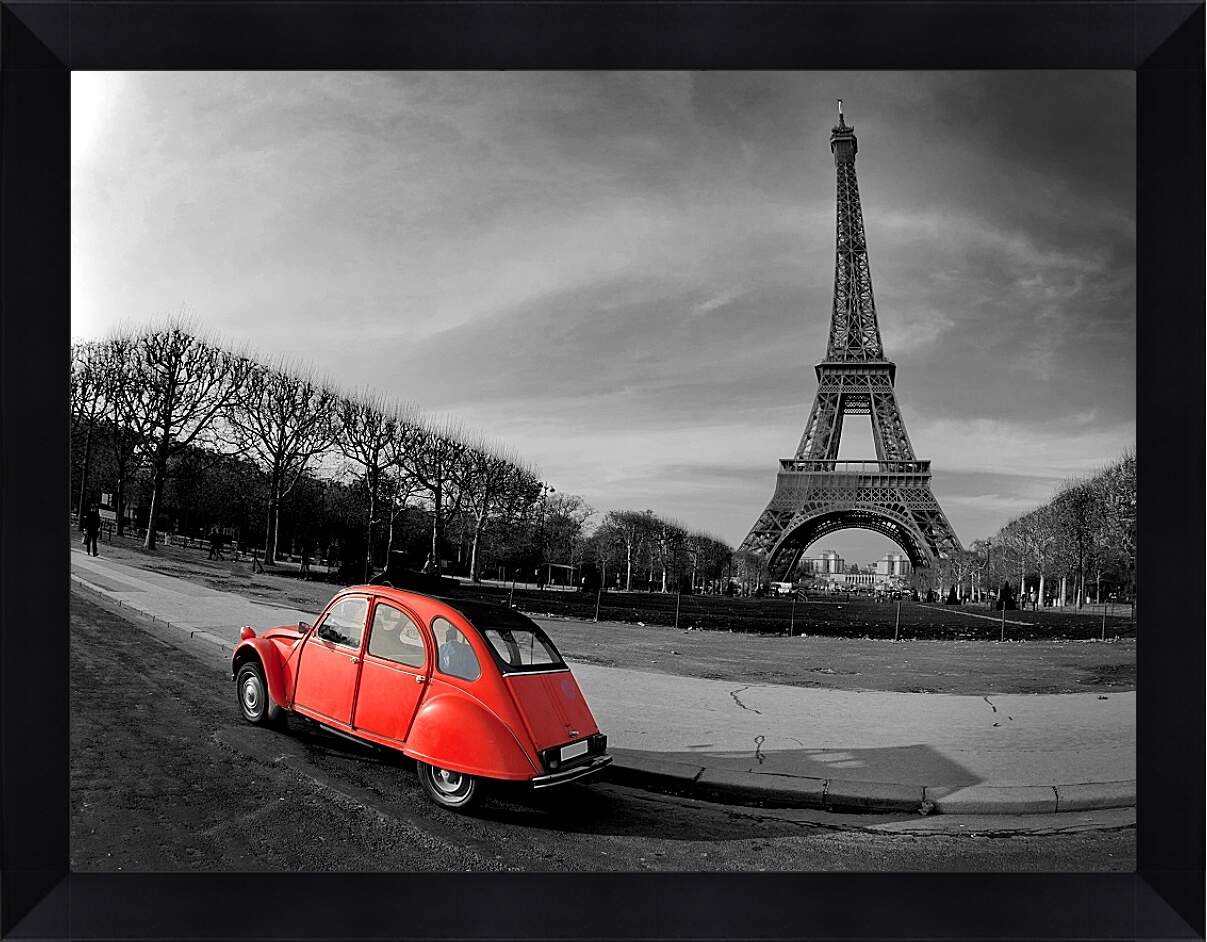 Картина в раме - Париж. Красное авто.