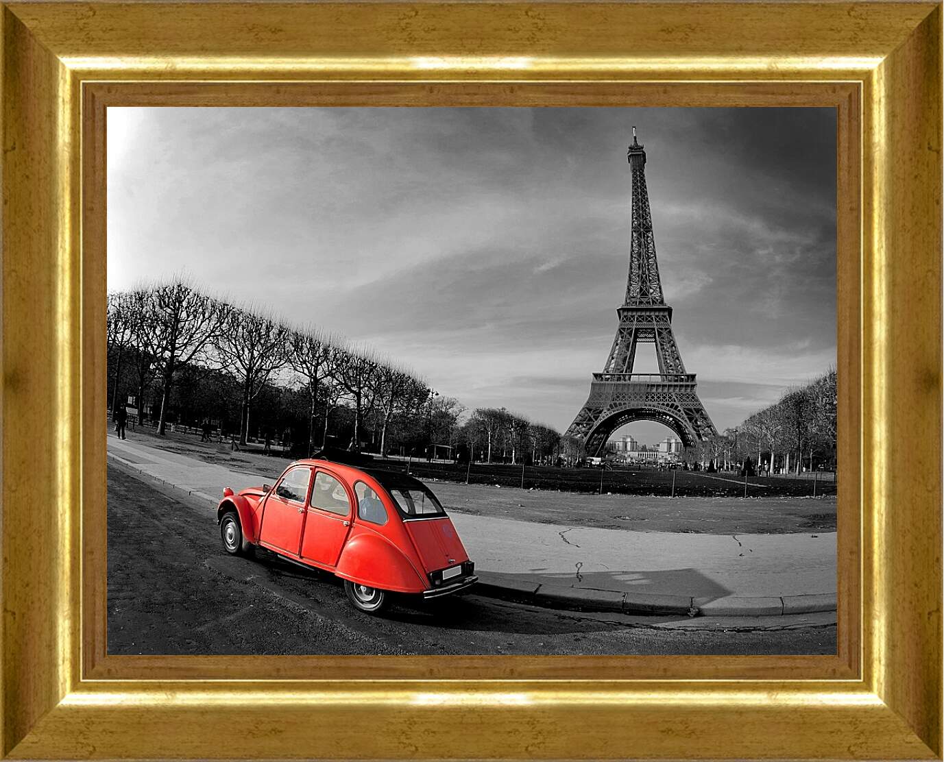 Картина в раме - Париж. Красное авто.