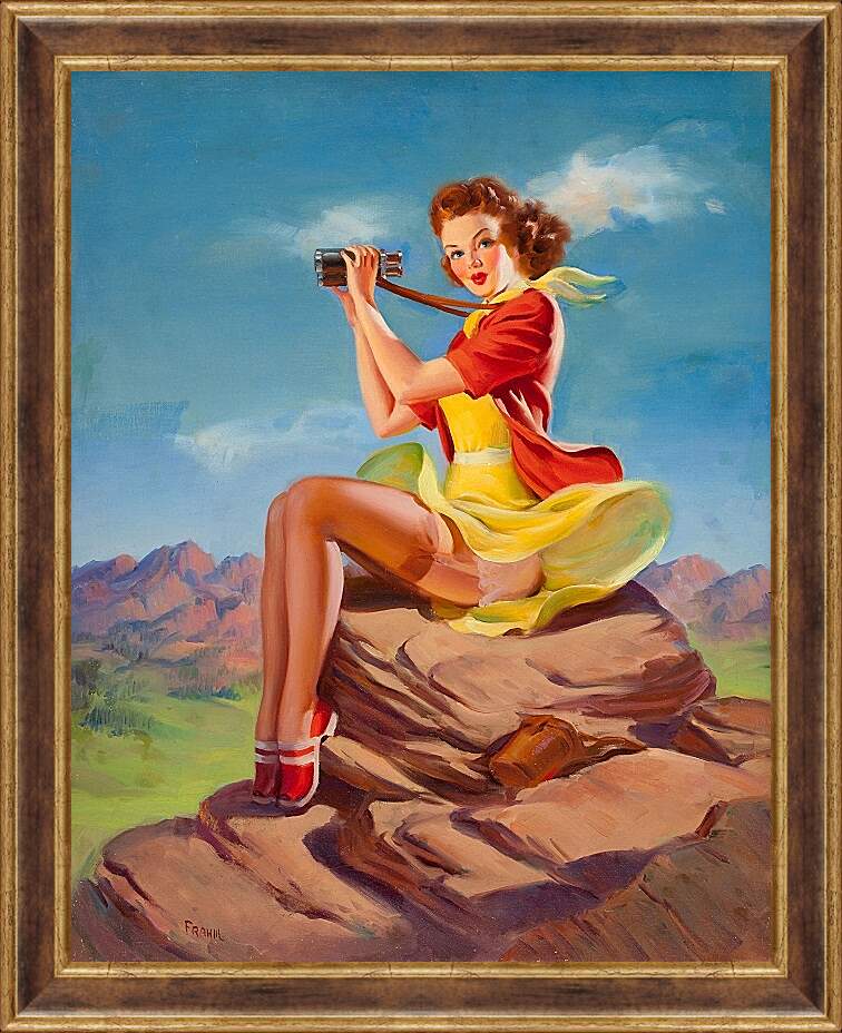 Картина в раме - Девушка с биноклем. Пин-ап