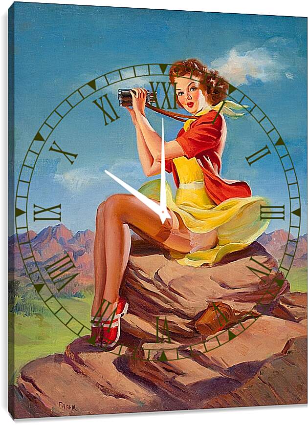 Часы картина - Девушка с биноклем. Пин-ап