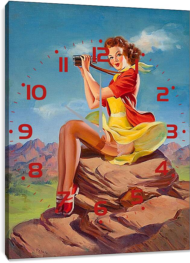 Часы картина - Девушка с биноклем. Пин-ап