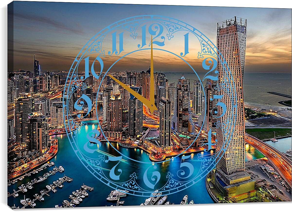 Часы картина - Вид на вечерний город с высоты. Дубай