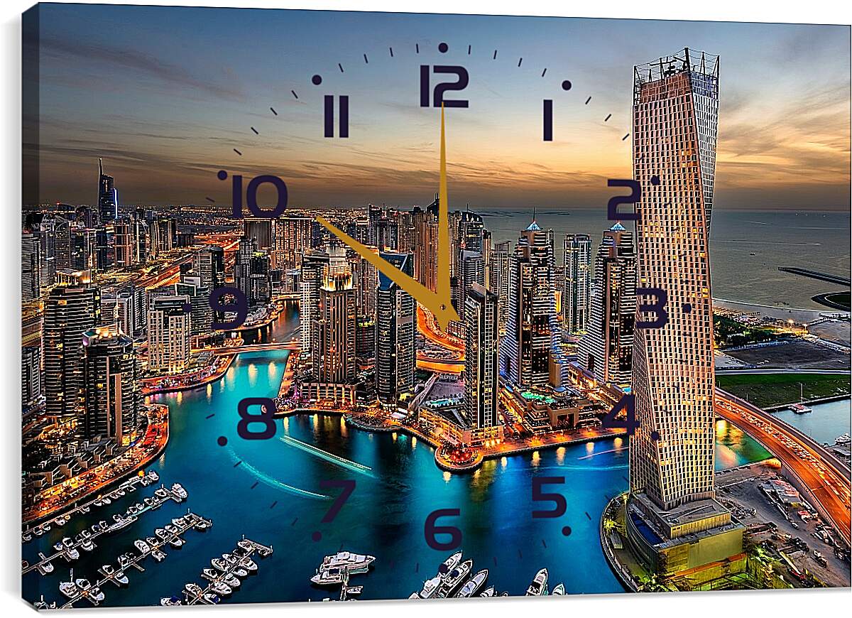 Часы картина - Вид на вечерний город с высоты. Дубай