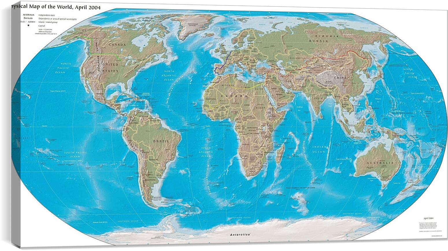 Постер и плакат - Физическая карта мира, апрель 2004