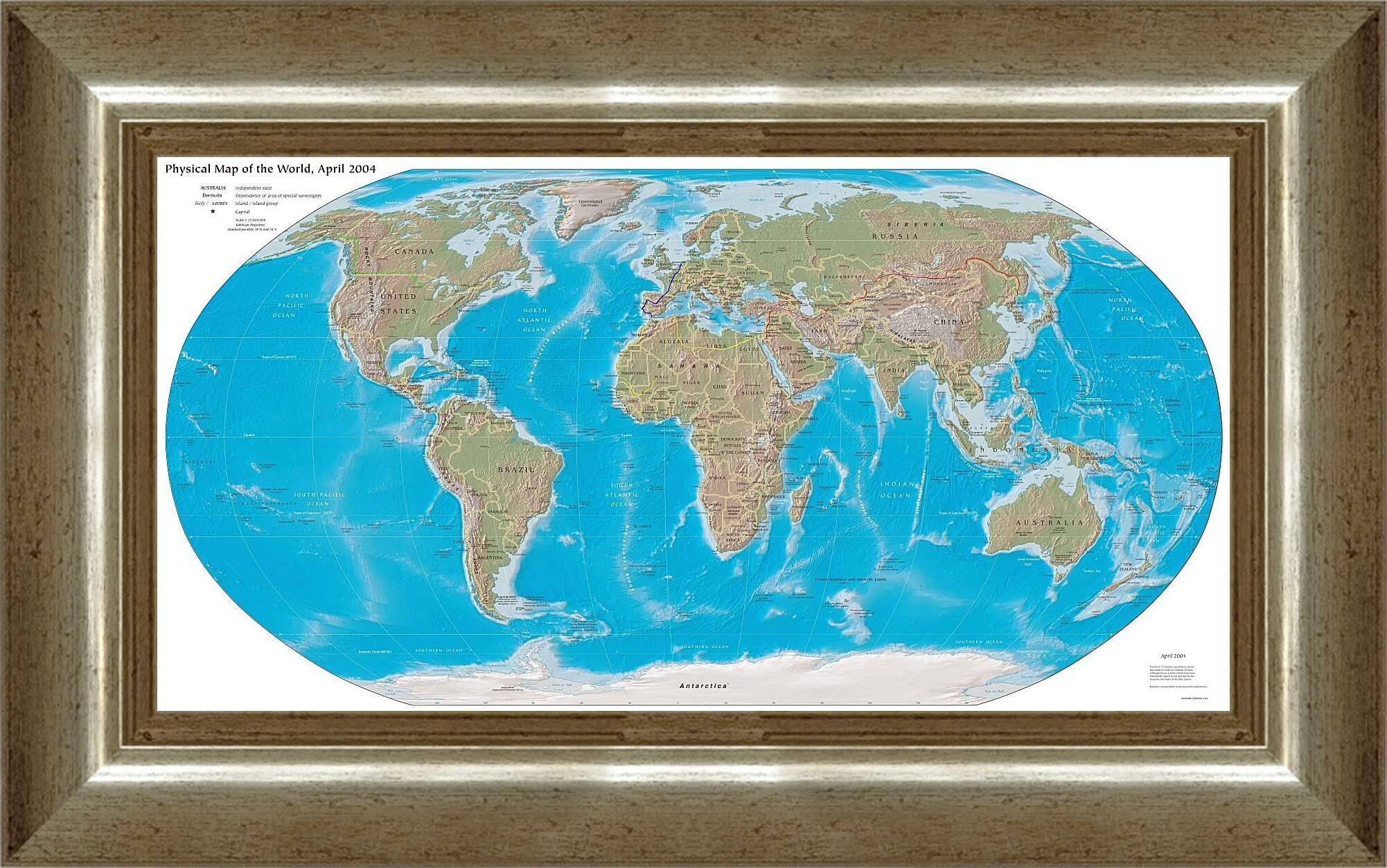 Картина в раме - Физическая карта мира, апрель 2004