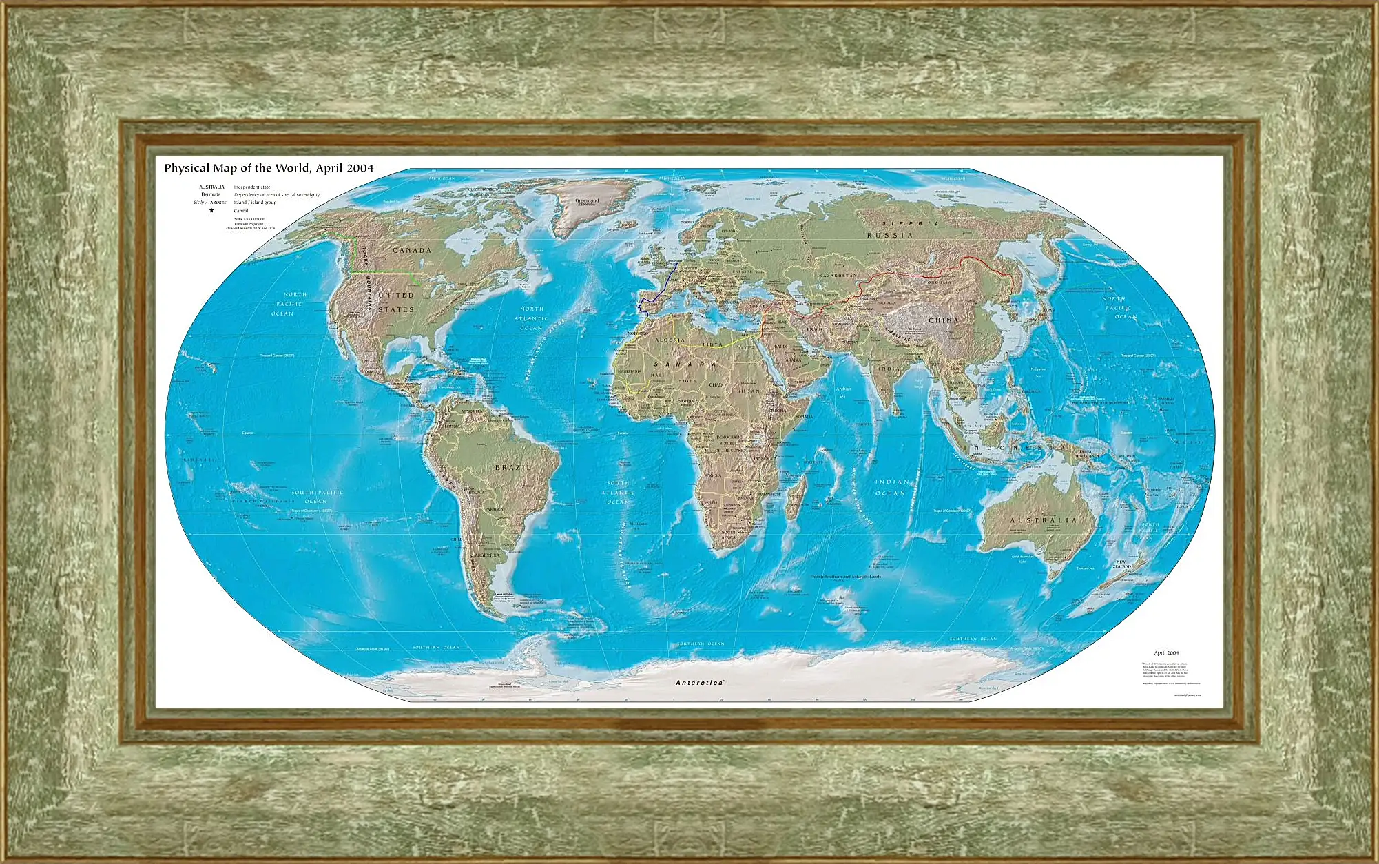 Картина в раме - Физическая карта мира, апрель 2004