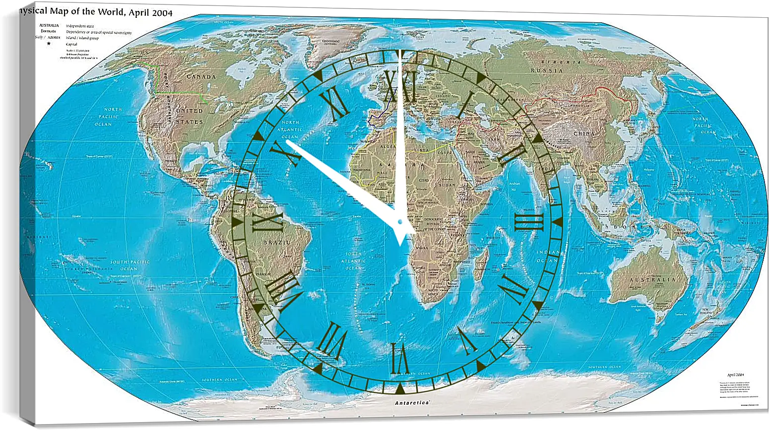 Часы картина - Физическая карта мира, апрель 2004