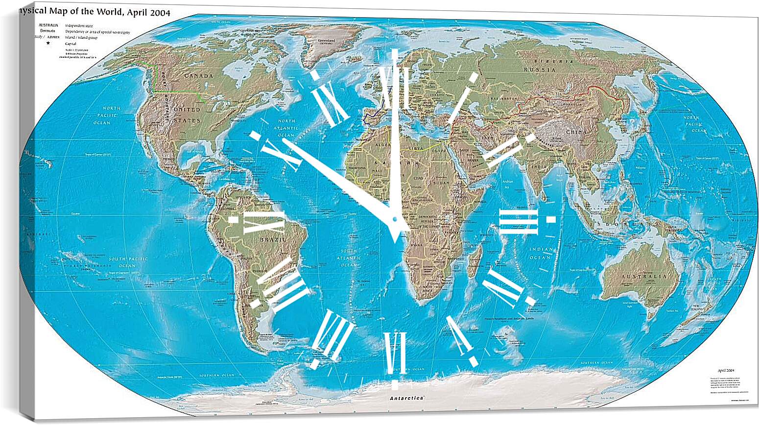Часы картина - Физическая карта мира, апрель 2004