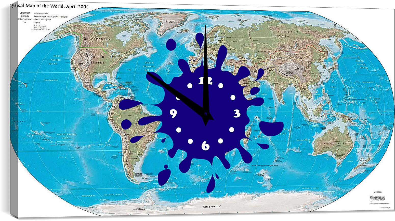 Часы картина - Физическая карта мира, апрель 2004