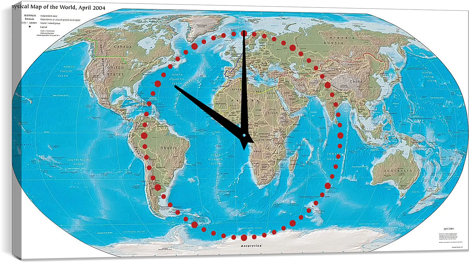 Часы картина - Физическая карта мира, апрель 2004