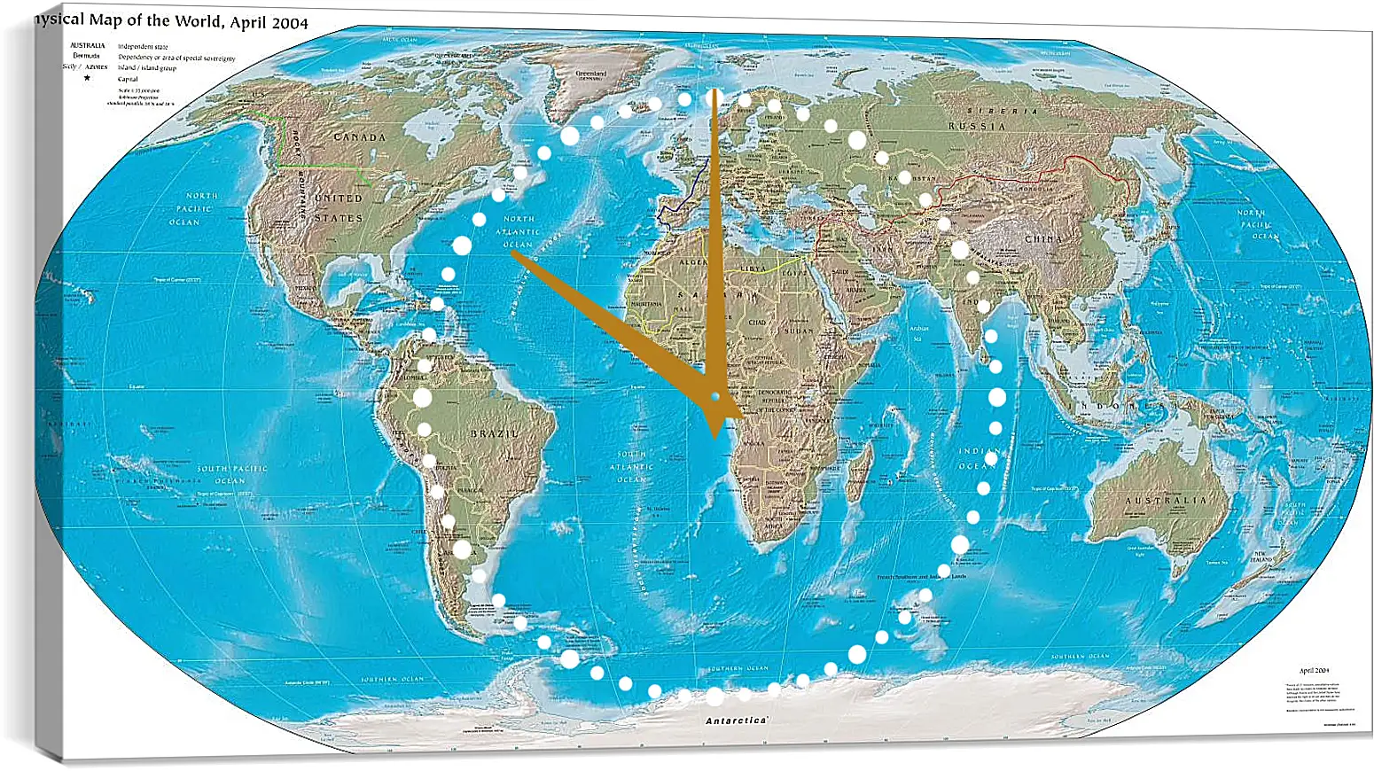 Часы картина - Физическая карта мира, апрель 2004