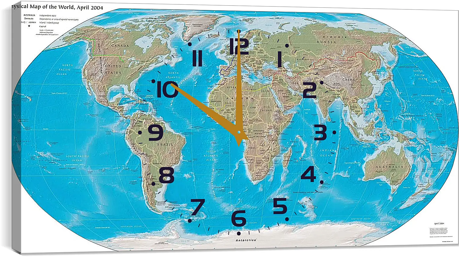 Часы картина - Физическая карта мира, апрель 2004