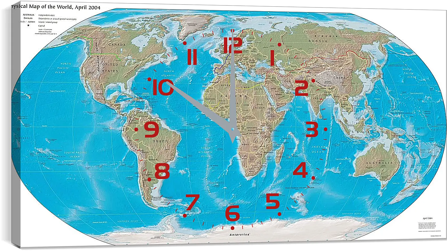 Часы картина - Физическая карта мира, апрель 2004