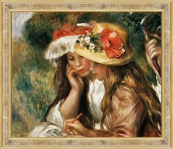 Картина в раме - Two girls reading in a garden. Пьер Огюст Ренуар