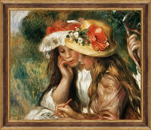 Картина в раме - Two girls reading in a garden. Пьер Огюст Ренуар