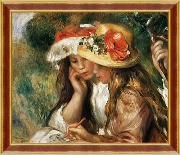 Картина в раме - Two girls reading in a garden. Пьер Огюст Ренуар