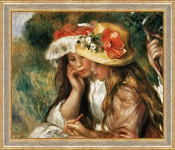 Картина в раме - Two girls reading in a garden. Пьер Огюст Ренуар