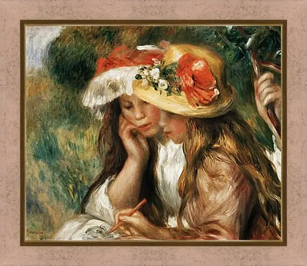 Картина в раме - Two girls reading in a garden. Пьер Огюст Ренуар