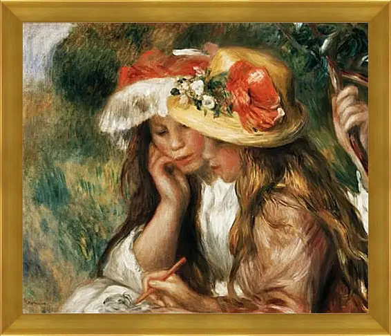 Картина в раме - Two girls reading in a garden. Пьер Огюст Ренуар