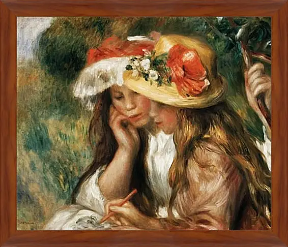 Картина в раме - Two girls reading in a garden. Пьер Огюст Ренуар