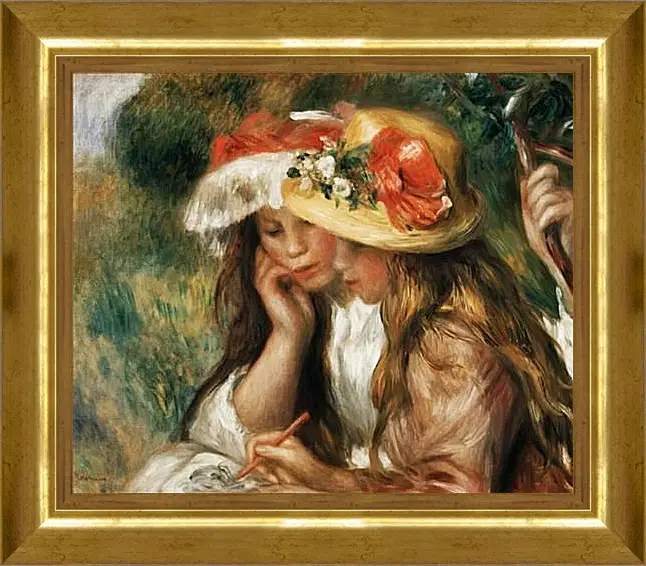 Картина в раме - Two girls reading in a garden. Пьер Огюст Ренуар