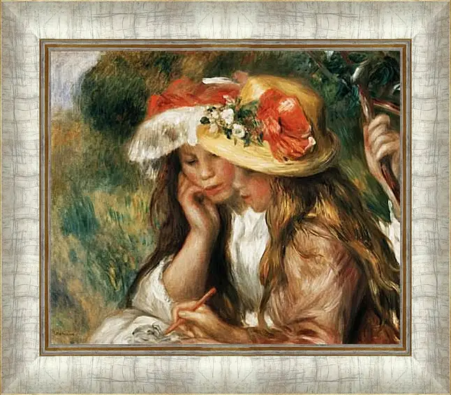 Картина в раме - Two girls reading in a garden. Пьер Огюст Ренуар