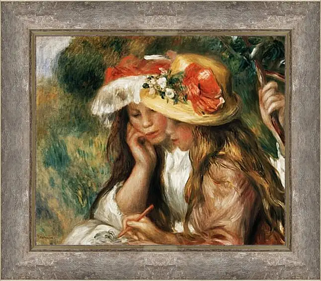 Картина в раме - Two girls reading in a garden. Пьер Огюст Ренуар