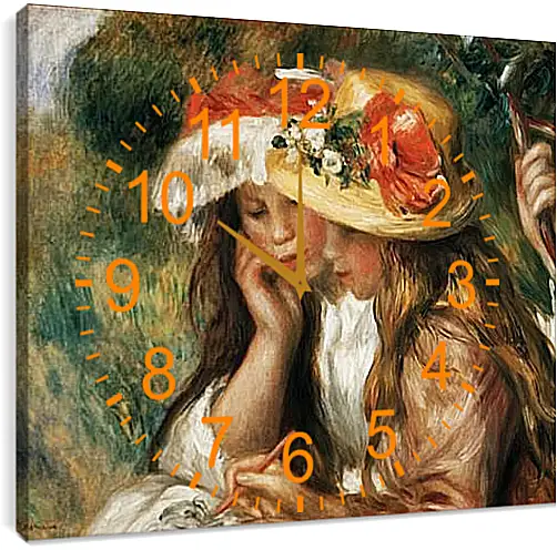 Часы картина - Two girls reading in a garden. Пьер Огюст Ренуар