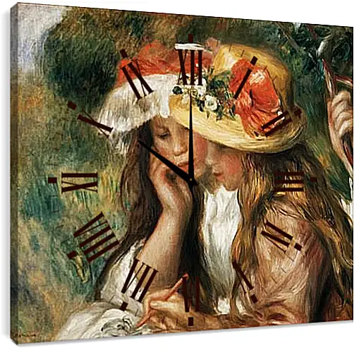 Часы картина - Two girls reading in a garden. Пьер Огюст Ренуар