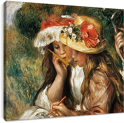 Часы картина - Two girls reading in a garden. Пьер Огюст Ренуар