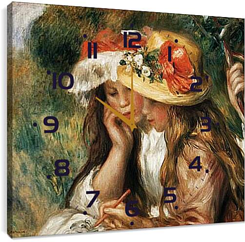 Часы картина - Two girls reading in a garden. Пьер Огюст Ренуар