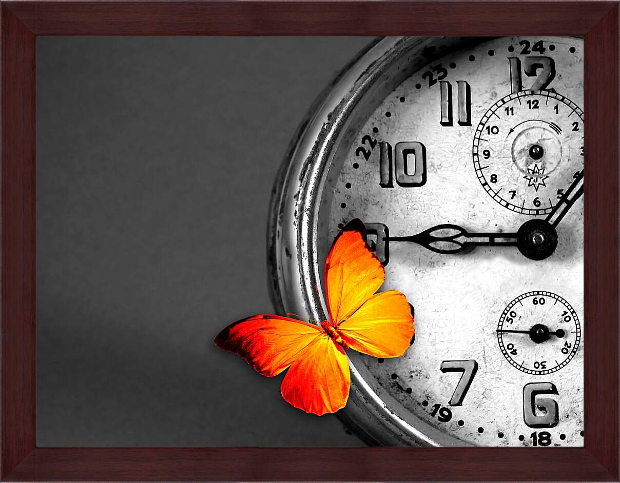 Картина в раме - Часы и бабочка