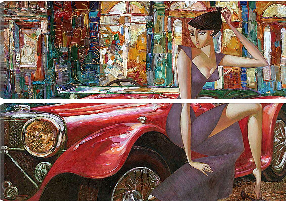 Модульная картина - Девушка и старинный автомобиль