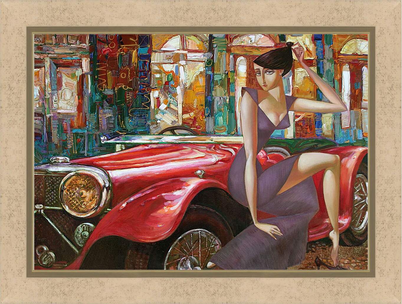 Картина в раме - Девушка и старинный автомобиль