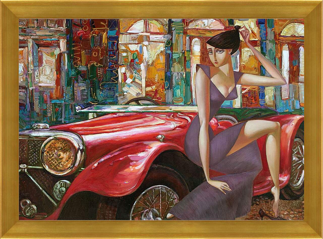 Картина в раме - Девушка и старинный автомобиль