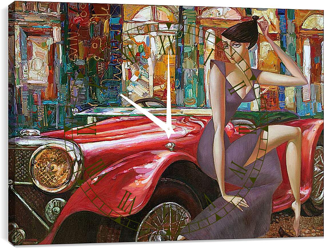 Часы картина - Девушка и старинный автомобиль