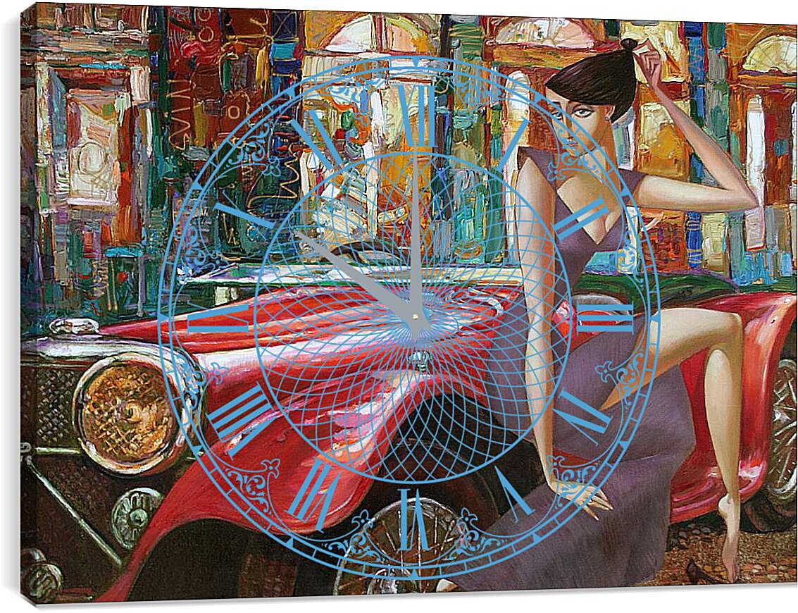 Часы картина - Девушка и старинный автомобиль