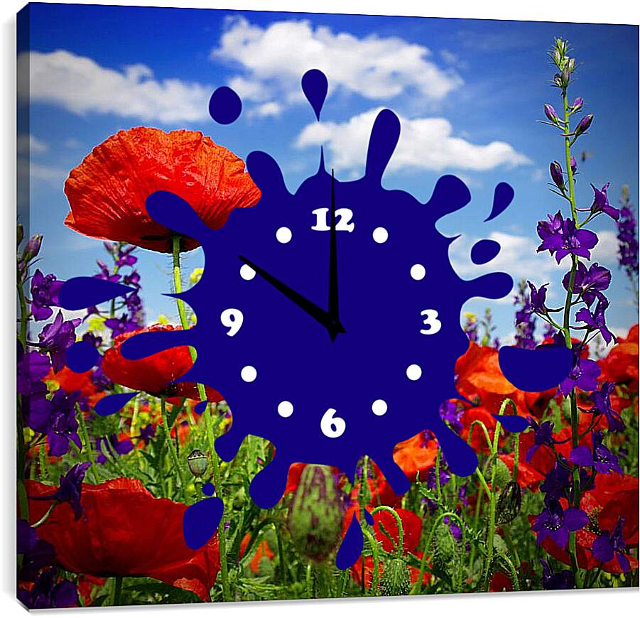 Часы картина - Маки и фиолетовые цветы