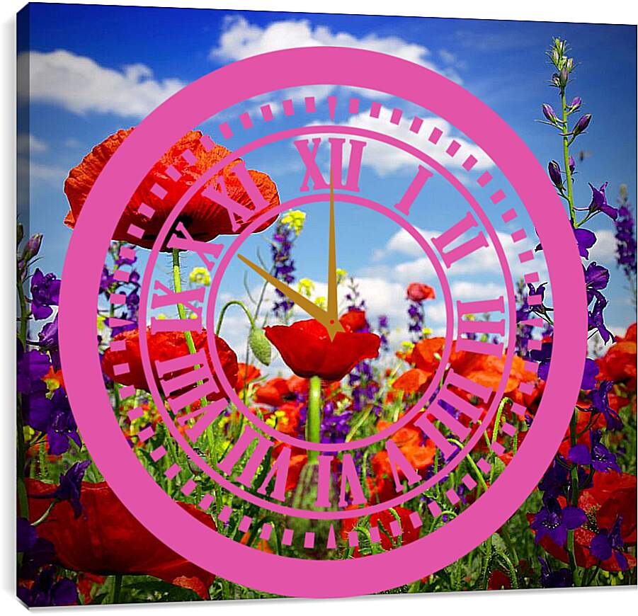 Часы картина - Маки и фиолетовые цветы